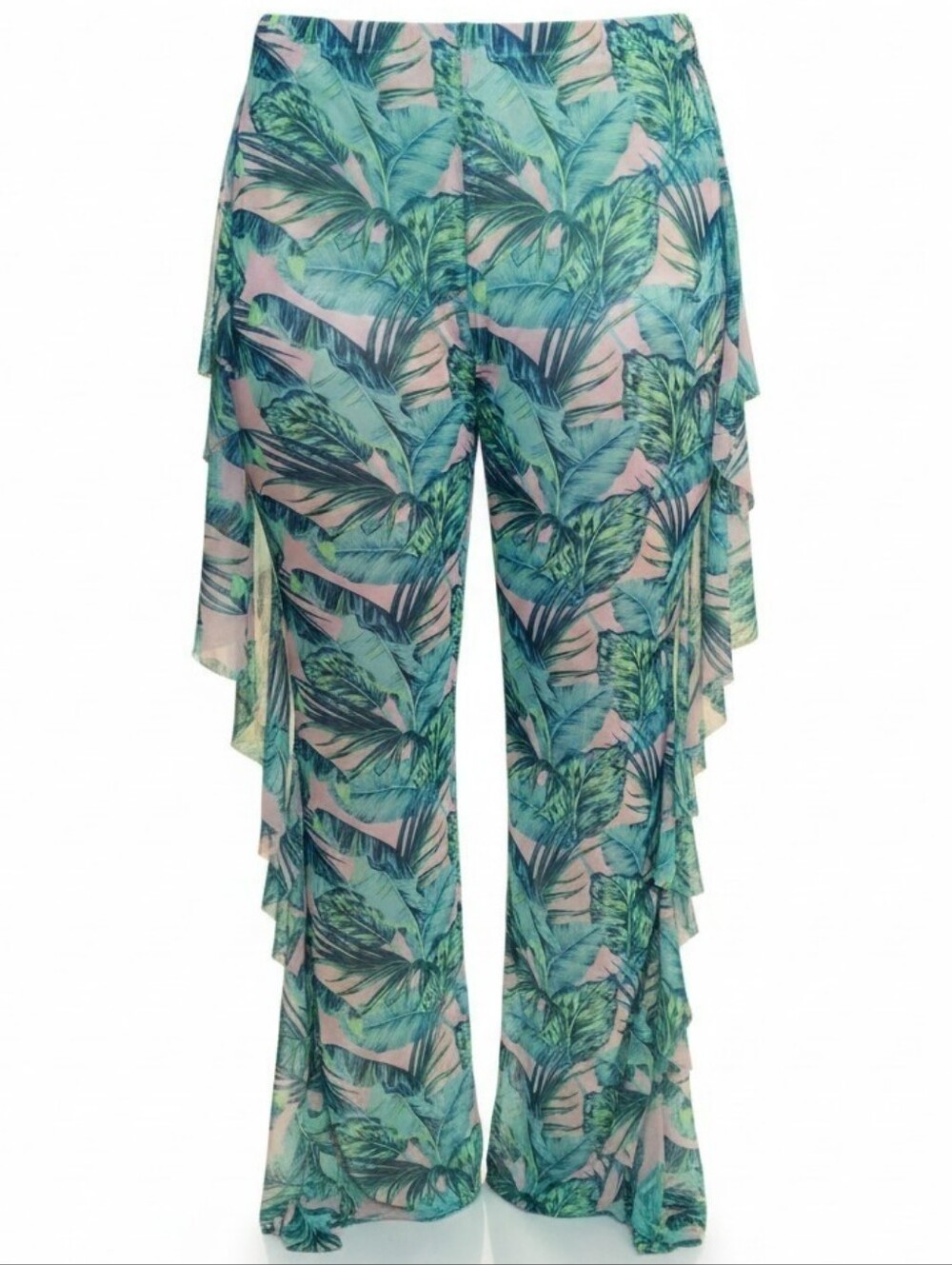 LOVE 83 Tropical Palm Print Ruffle Wide Leg Pants XL Resort Beach Cover Up